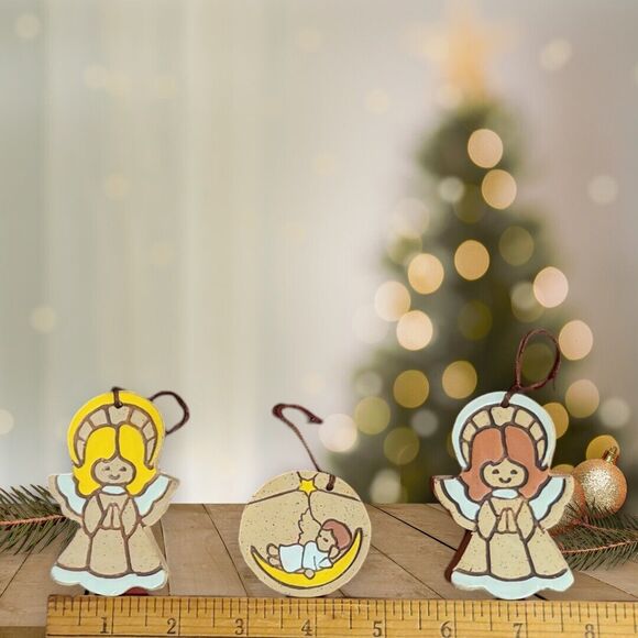 Vintage Hand Painted Clay Angel Christmas Ornaments Set Of 3 Folk Art Primitive - Picture 5 of 5